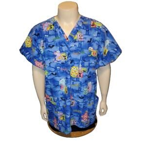 SB Fashion Scrubs Women's Size 2XL Unisex Top Blue Colorful Halloween Graphics